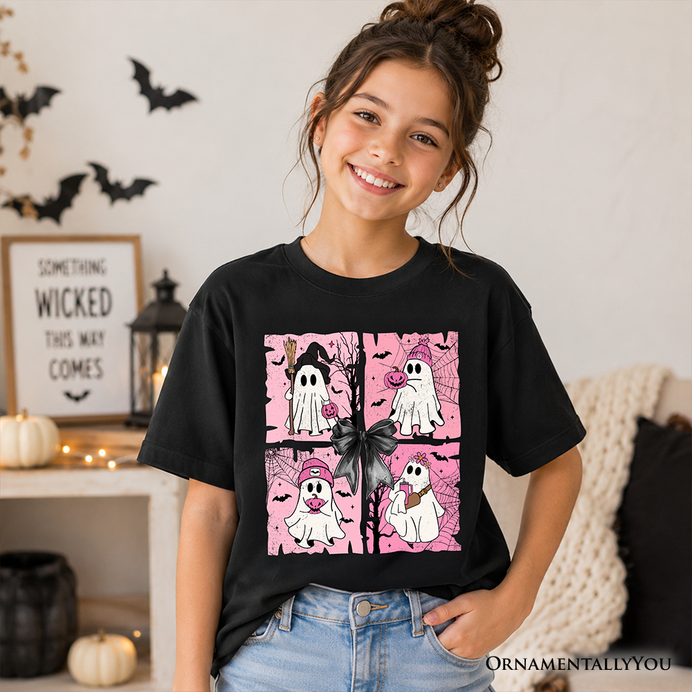 Kids Pink Halloween Ghost T-Shirt, Coquette Spooky Season Tee for Youth