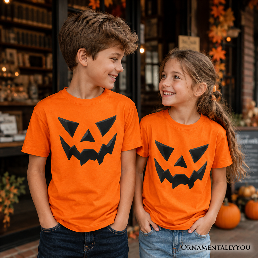 Kids Scary Pumpkin Face T-Shirt, Minimalist Tee with Spooky Flair for Youth