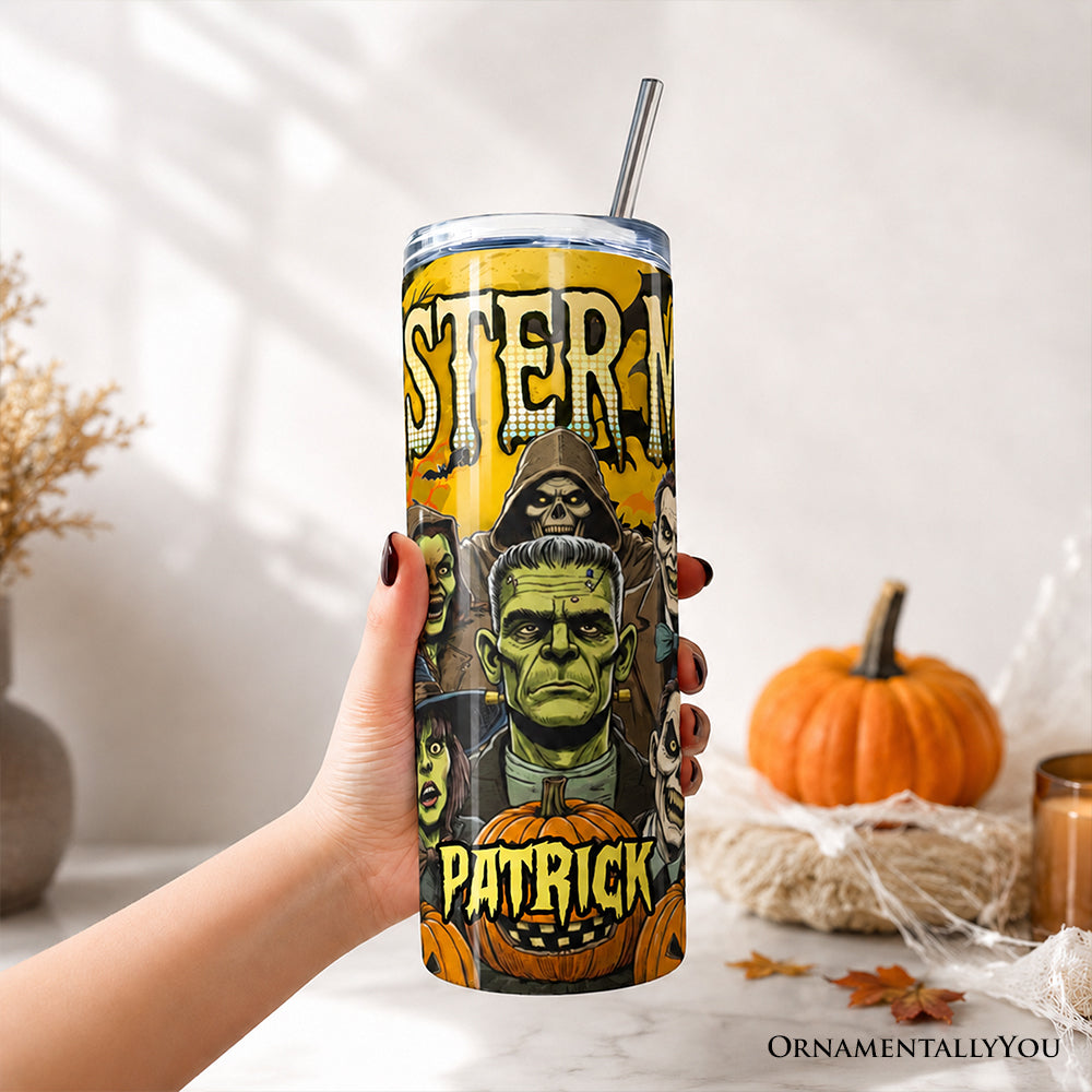 Monster Mash Horror 20oz Personalized Tumbler With Lid and Stainless Steel Straw, Retro Halloween Gift Cup