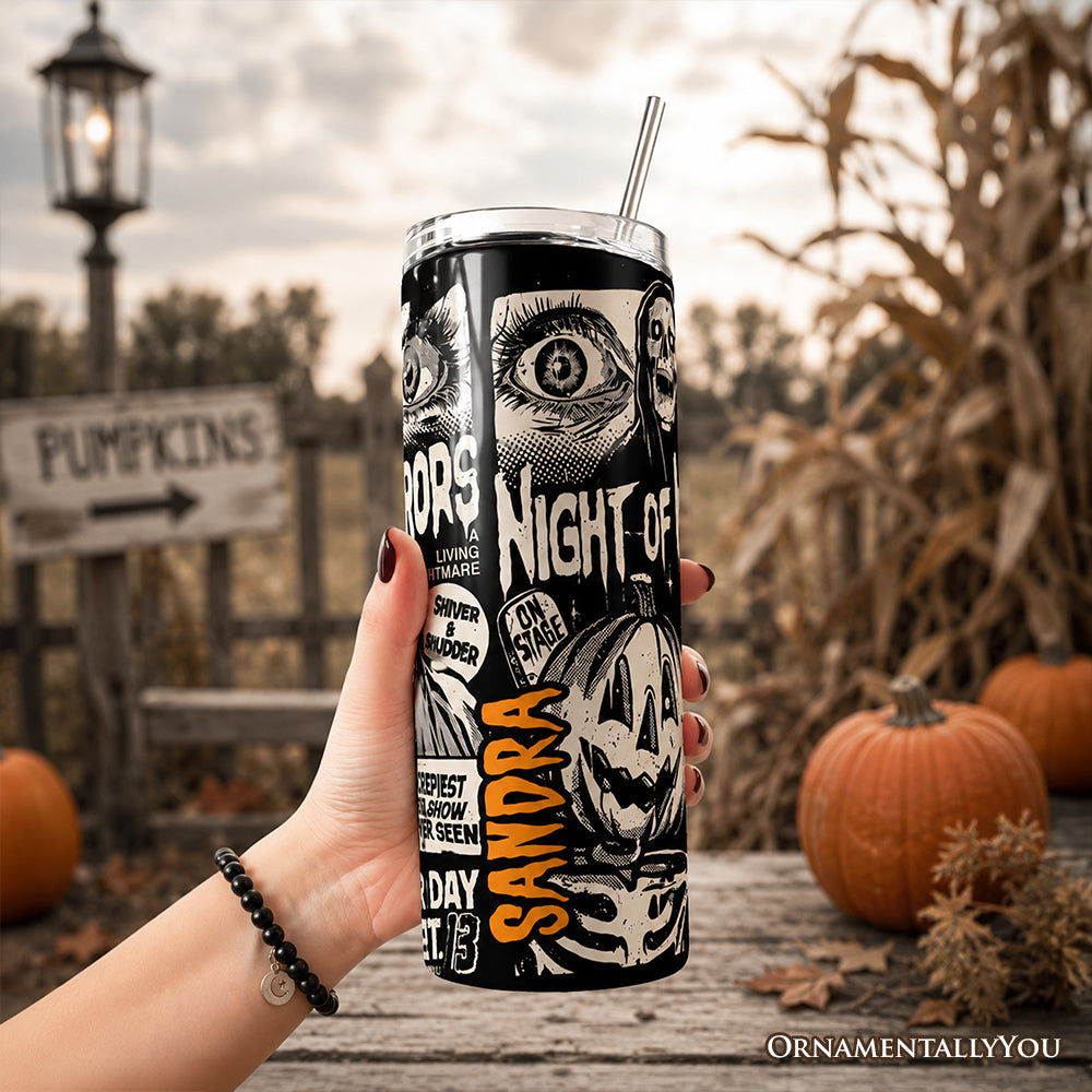 Night of Horrors Retro Halloween 20oz Personalized Tumbler With Lid and Stainless Steel Straw, Vintage Spooky Poster Gift Cup