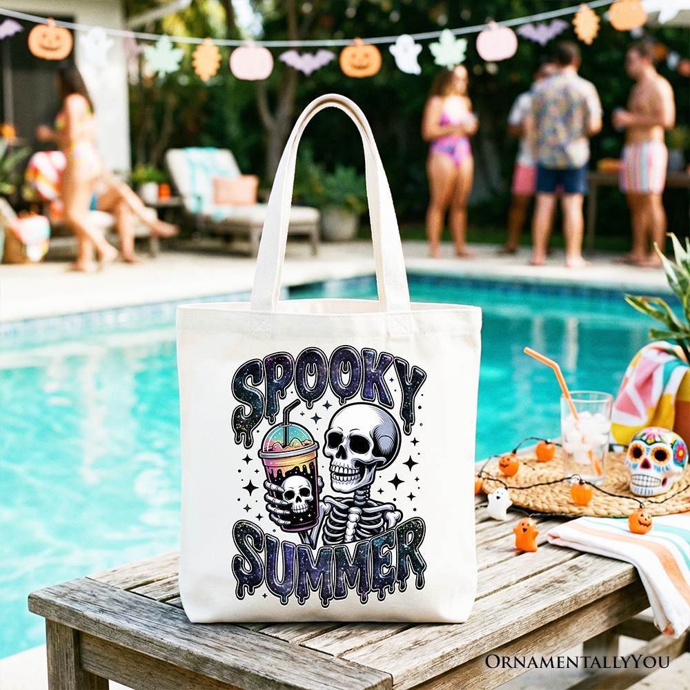Spooky Summer Skeleton Tote Bag, Snarky Halloween Gift Shopper for Coffee and Horror Fanatics