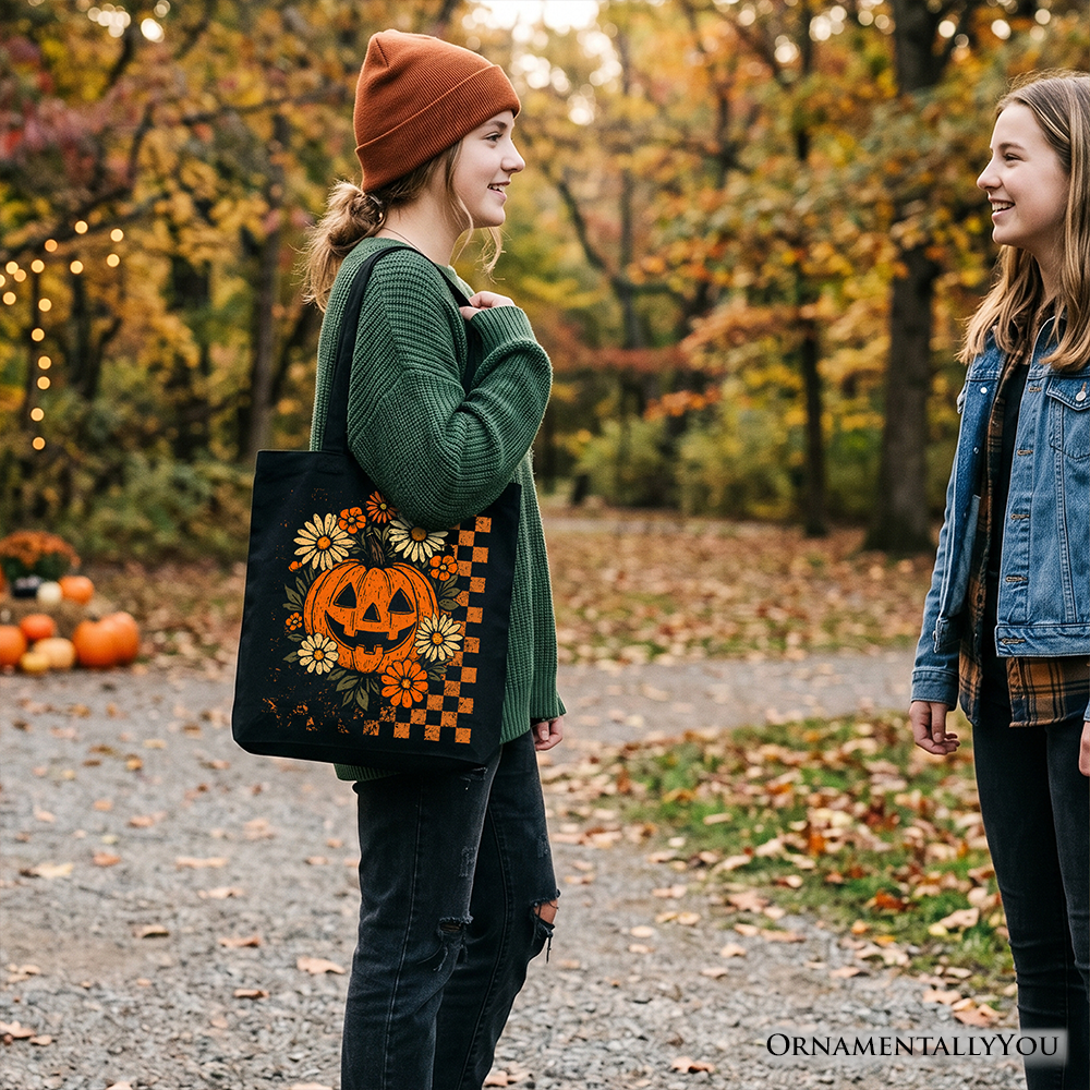 Checkered Floral Pumpkin Tote Bag, Retro Preppy Halloween Gift Shopper for Spooky Season Vibes