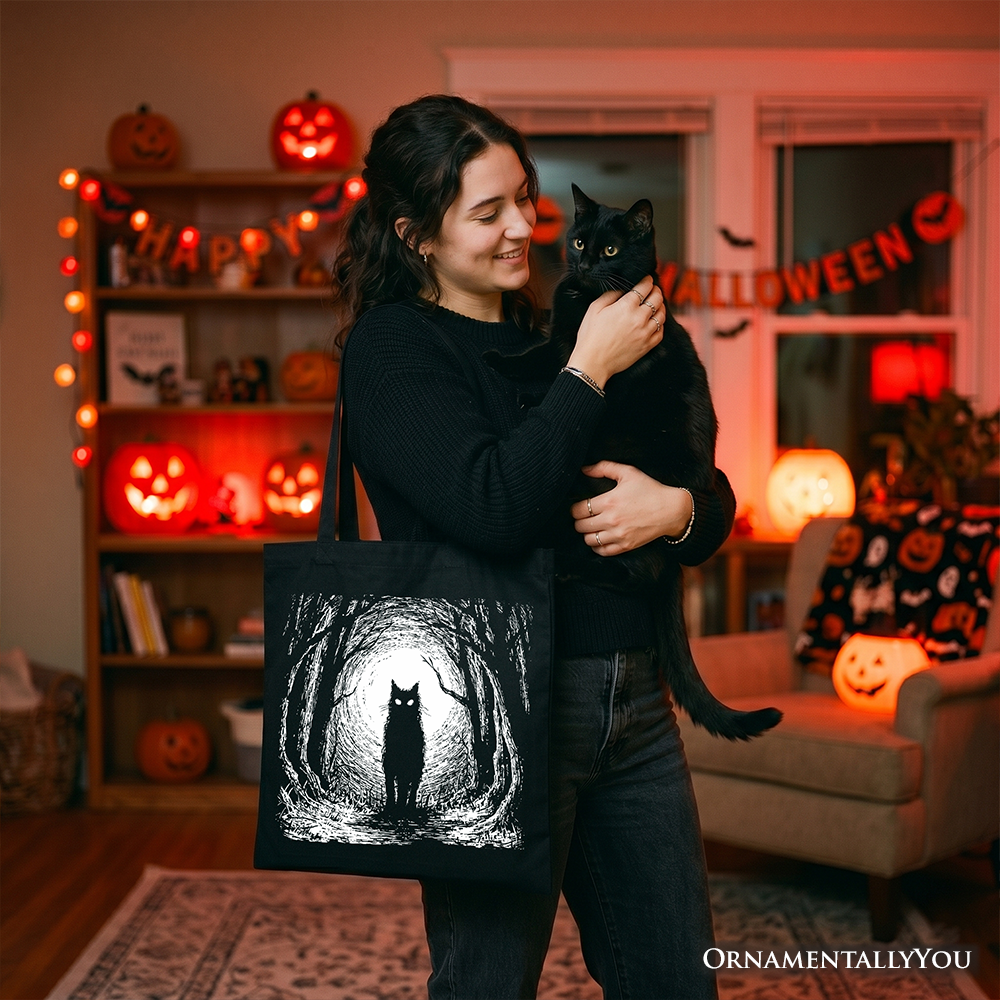 Haunted Forest Black Cat Tote Bag, Spooky Halloween Night Gift Shopper