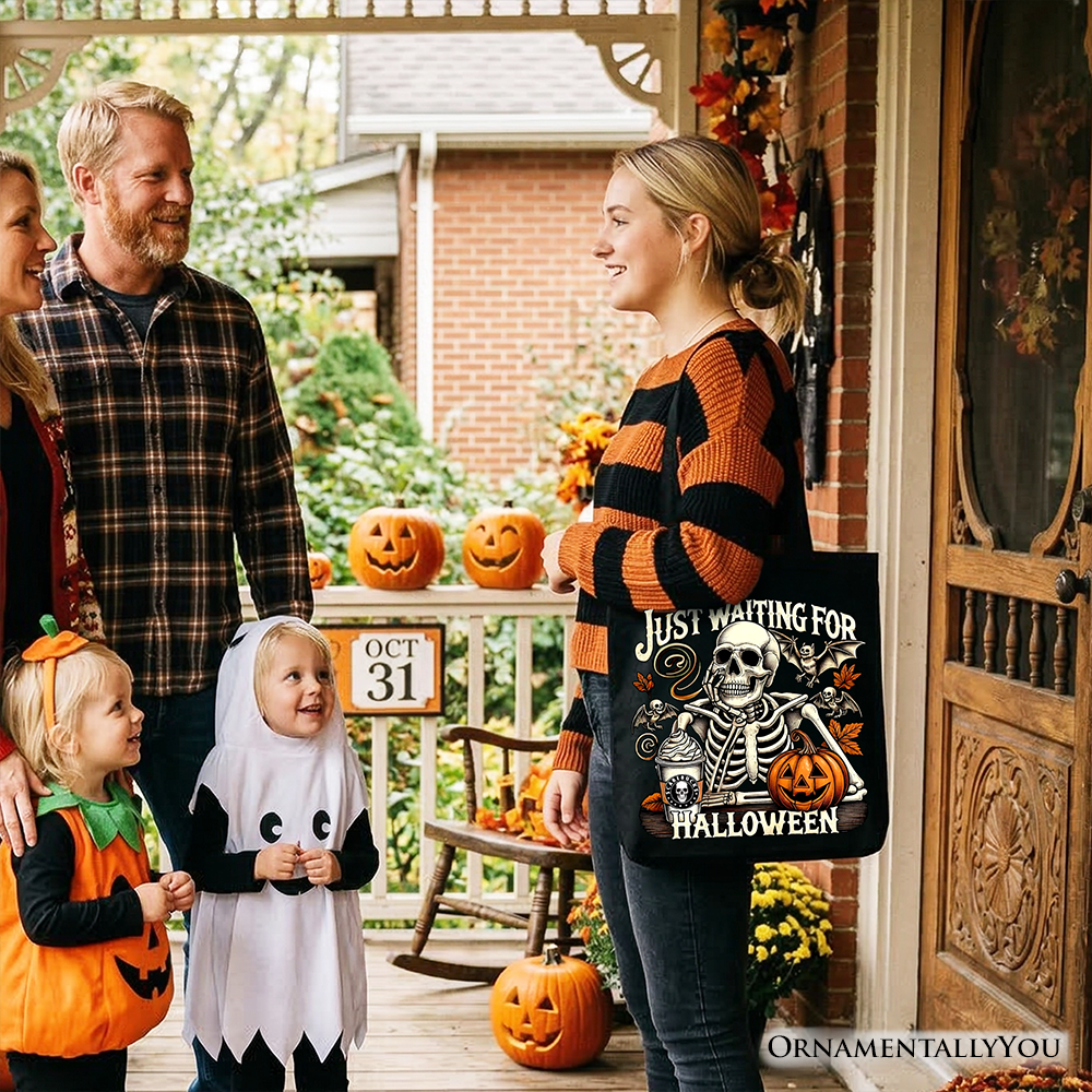 Just Waiting for Halloween Tote Bag, Spooky Skeleton Gift Shopper for Autumn Season