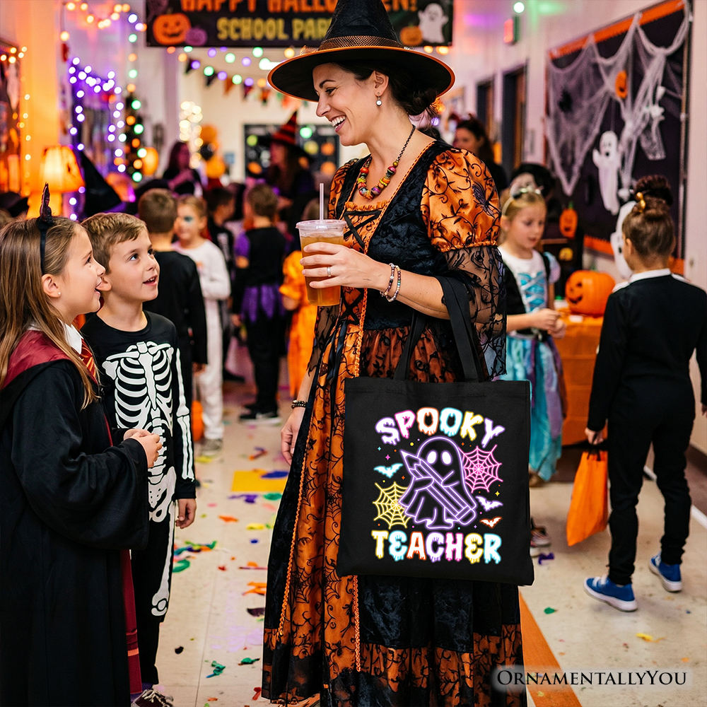 Spooky Teacher Neon Ghost Tote Bag, Retro Halloween Gift Shopper for Educators