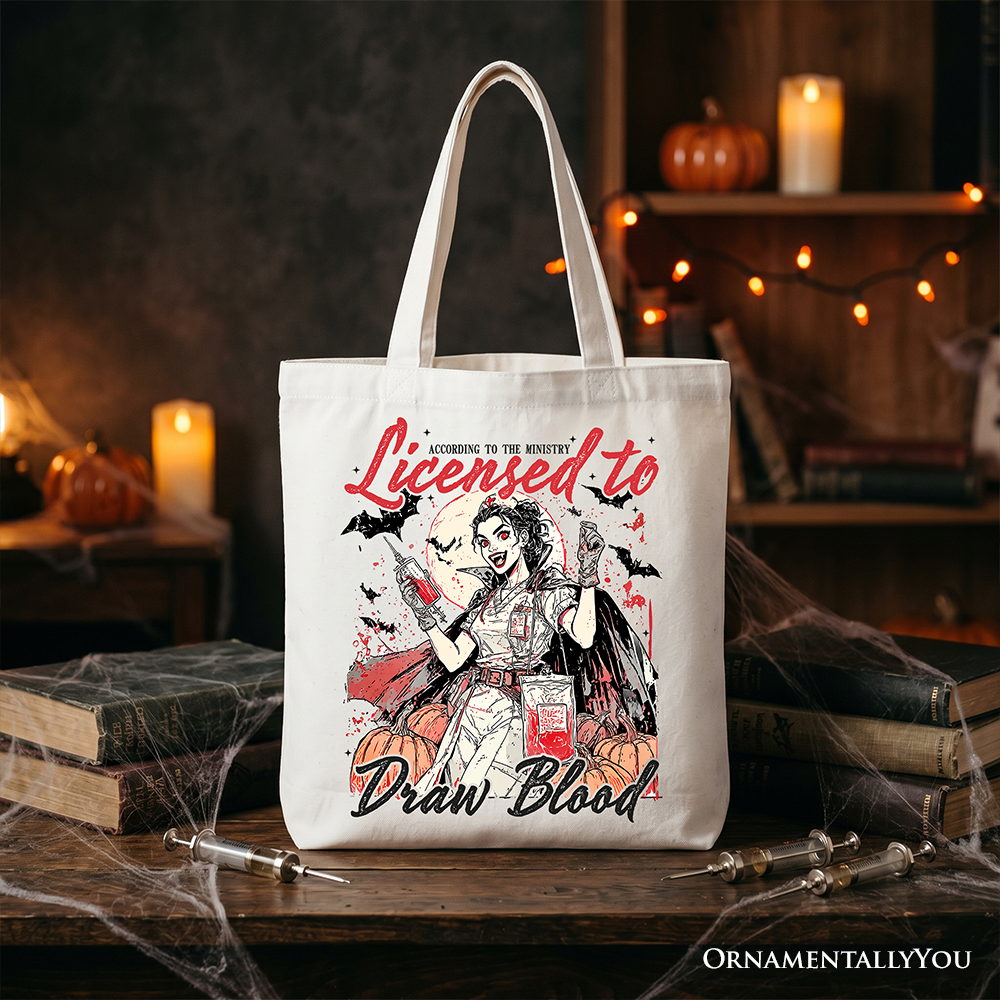 Licensed to Draw Blood Halloween Nurse Tote Bag, Groovy Gift Shopper for Spooky Season