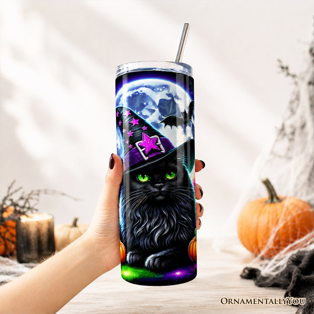 Black Cat Witch 20oz Personalized Tumbler With Lid and Stainless Steel Straw, Spooky Halloween Gift Cup