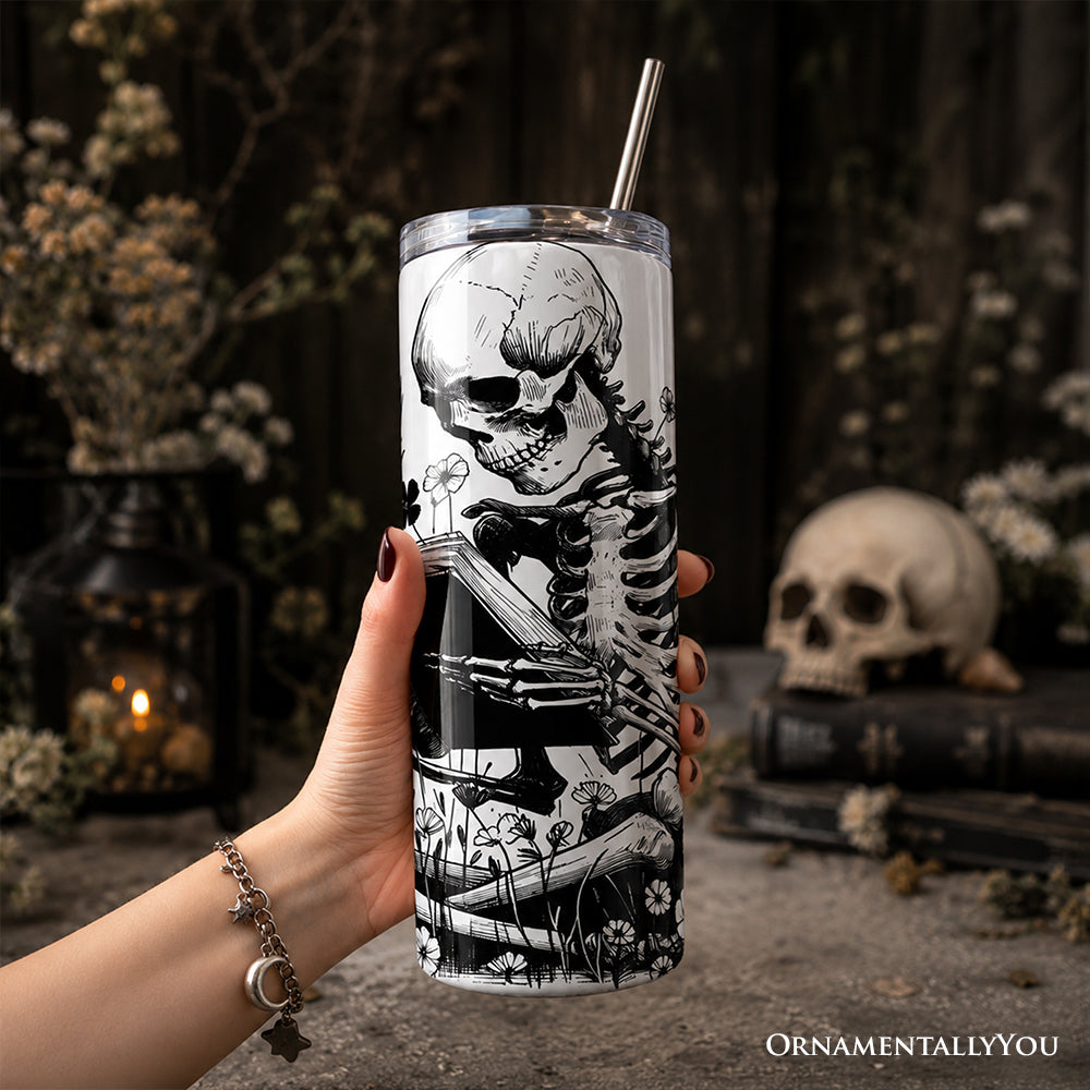 Gothic Reading Skeleton 20oz Personalized Tumbler With Lid and Stainless Steel Straw, Floral Spooky Bookworms Gift Cup