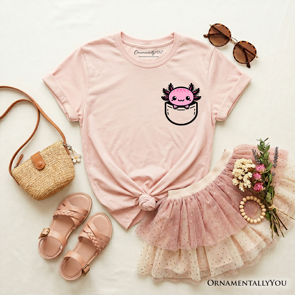 Kids Cute Pocket Pink Axolotl T-Shirt, Salamander Animal Tee for Youth