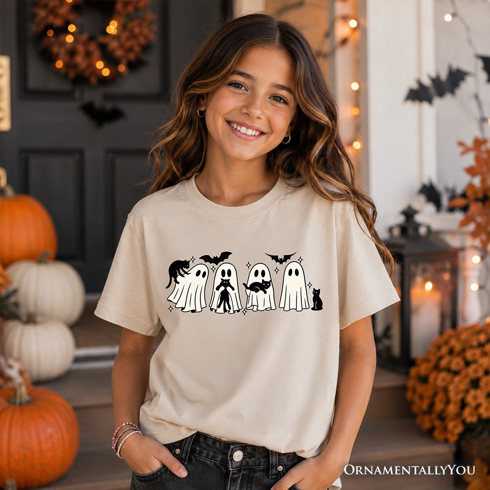 Kids Ghosts and Cats Spooky T-Shirt, Whimsical Halloween Tee for Youth