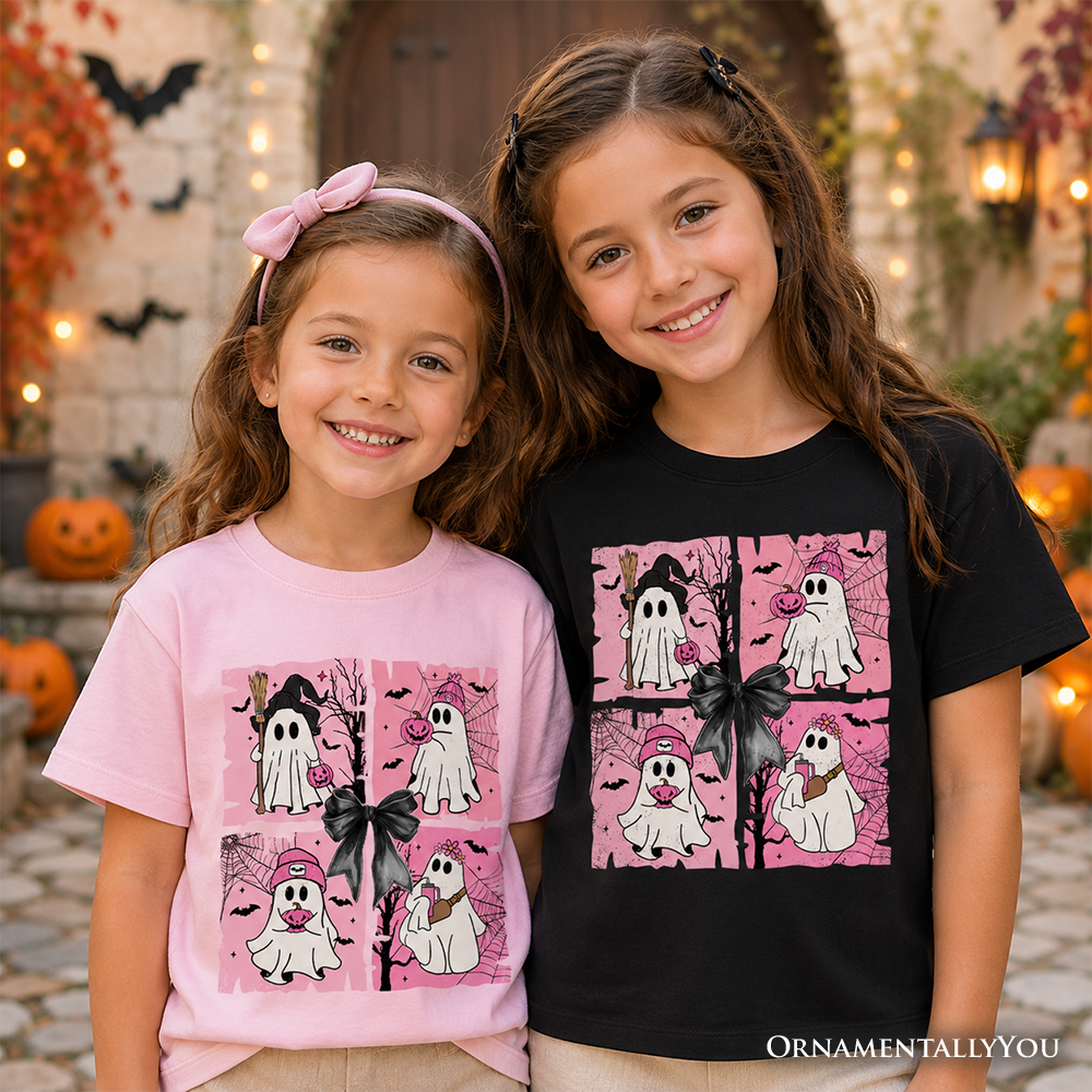 Kids Pink Halloween Ghost T-Shirt, Coquette Spooky Season Tee for Youth