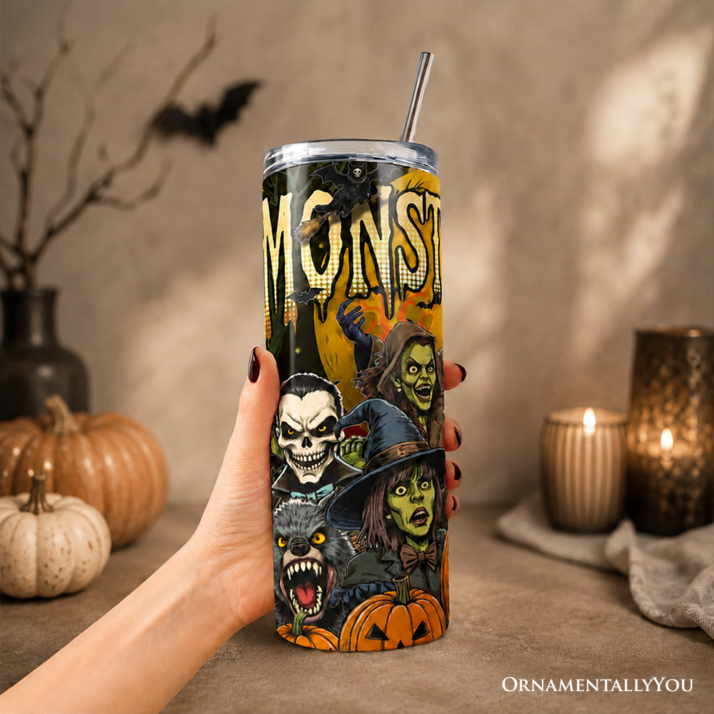 Monster Mash Horror 20oz Personalized Tumbler With Lid and Stainless Steel Straw, Retro Halloween Gift Cup