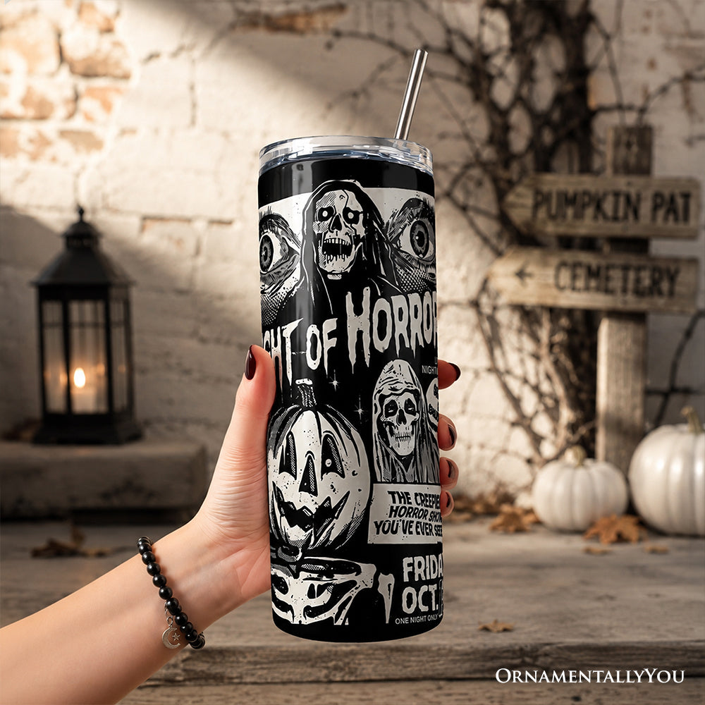Night of Horrors Retro Halloween 20oz Personalized Tumbler With Lid and Stainless Steel Straw, Vintage Spooky Poster Gift Cup