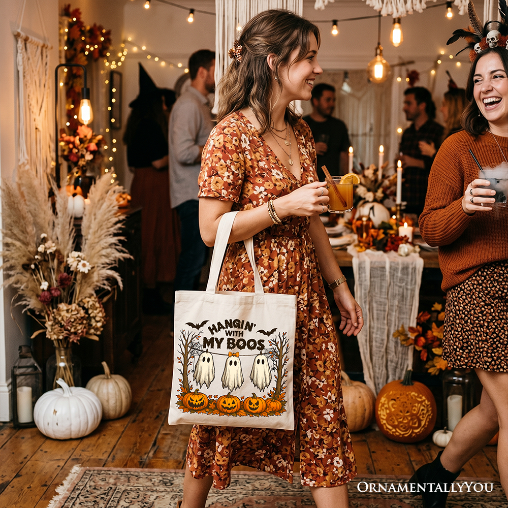 Boho Spooky Season Ghost Tote Bag, Cute Halloween Gift Shopper with Fall Pumpkins