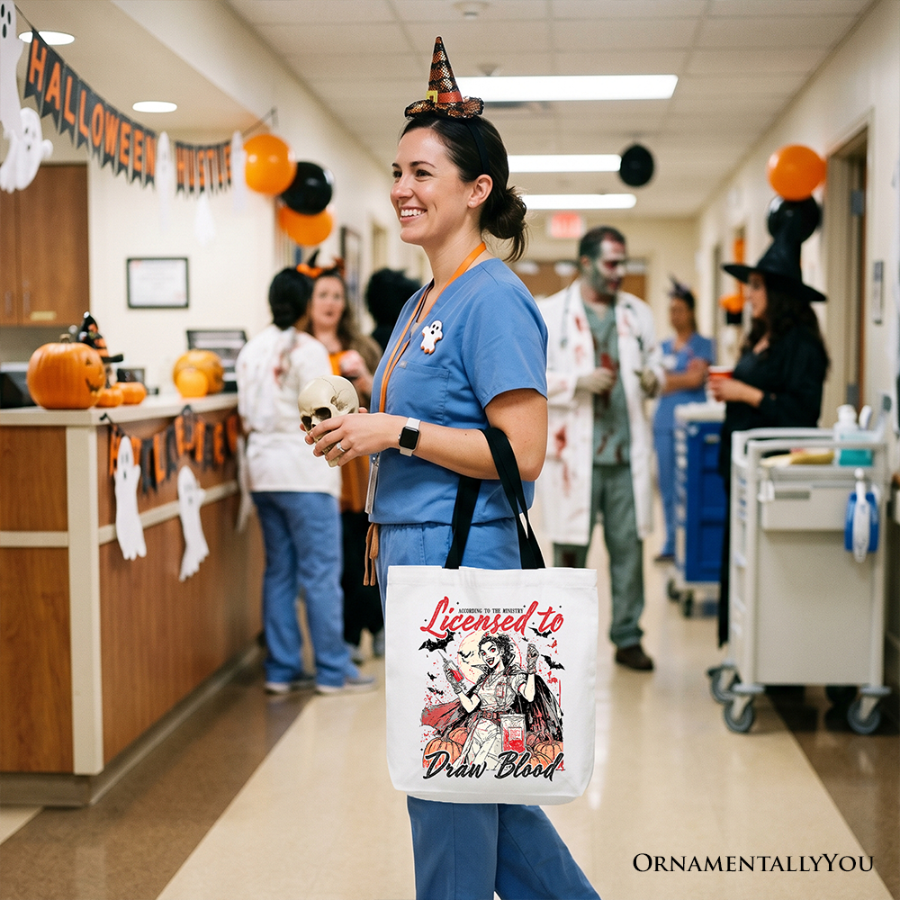 Licensed to Draw Blood Halloween Nurse Tote Bag, Groovy Gift Shopper for Spooky Season