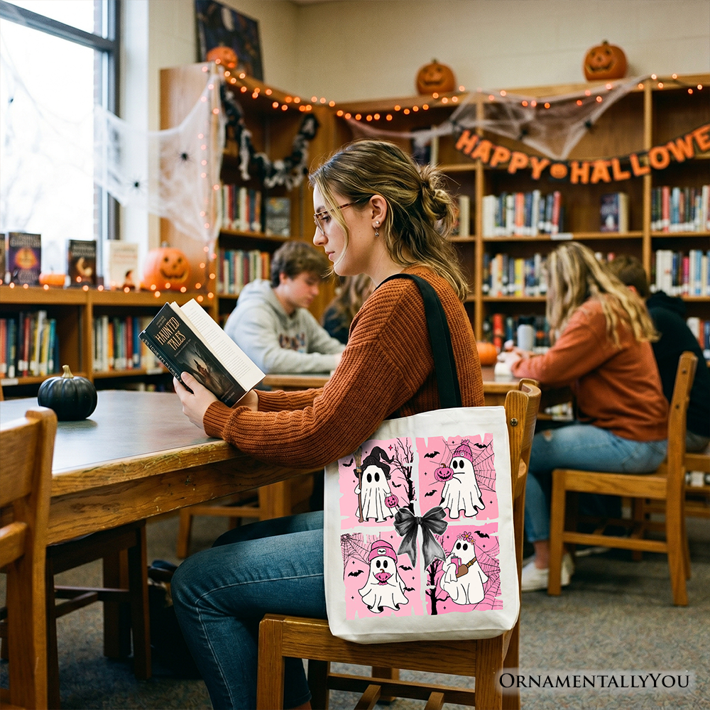 Pink Halloween Ghost Tote Bag, Coquette Spooky Season Gift for Girly Aesthetic