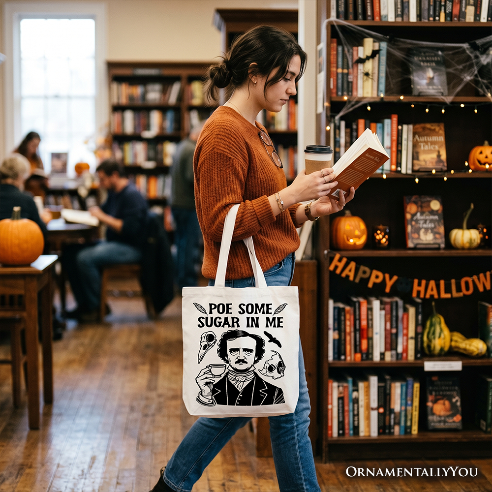 Poe Some Sugar On Me Tote Bag, Funny Edgar Allan Poe Retro Gift Shopper for Dark Academia Enthusiasts