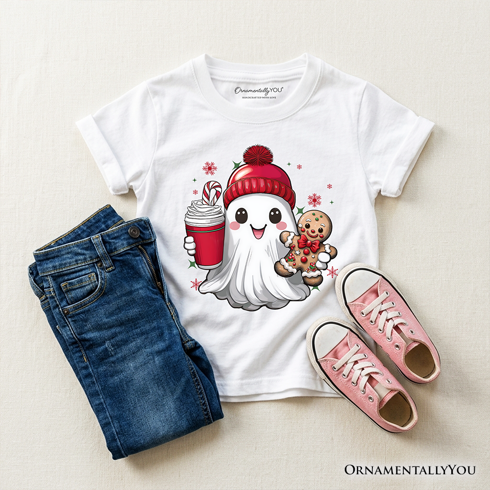 Kids Cute Ghost Christmas T-Shirt, Adorable Gingerbread and Cocoa Holiday Youth Tee
