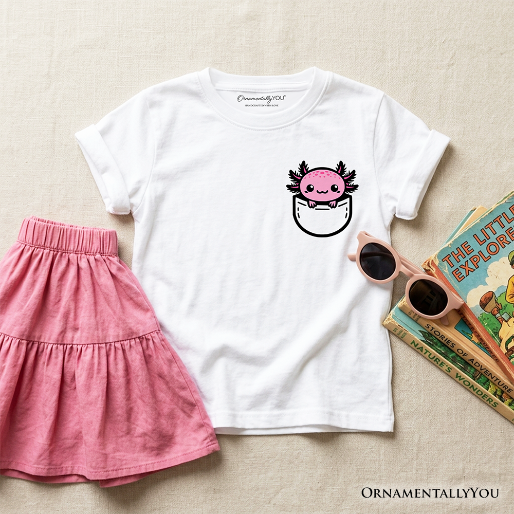 Kids Cute Pocket Pink Axolotl T-Shirt, Salamander Animal Tee for Youth