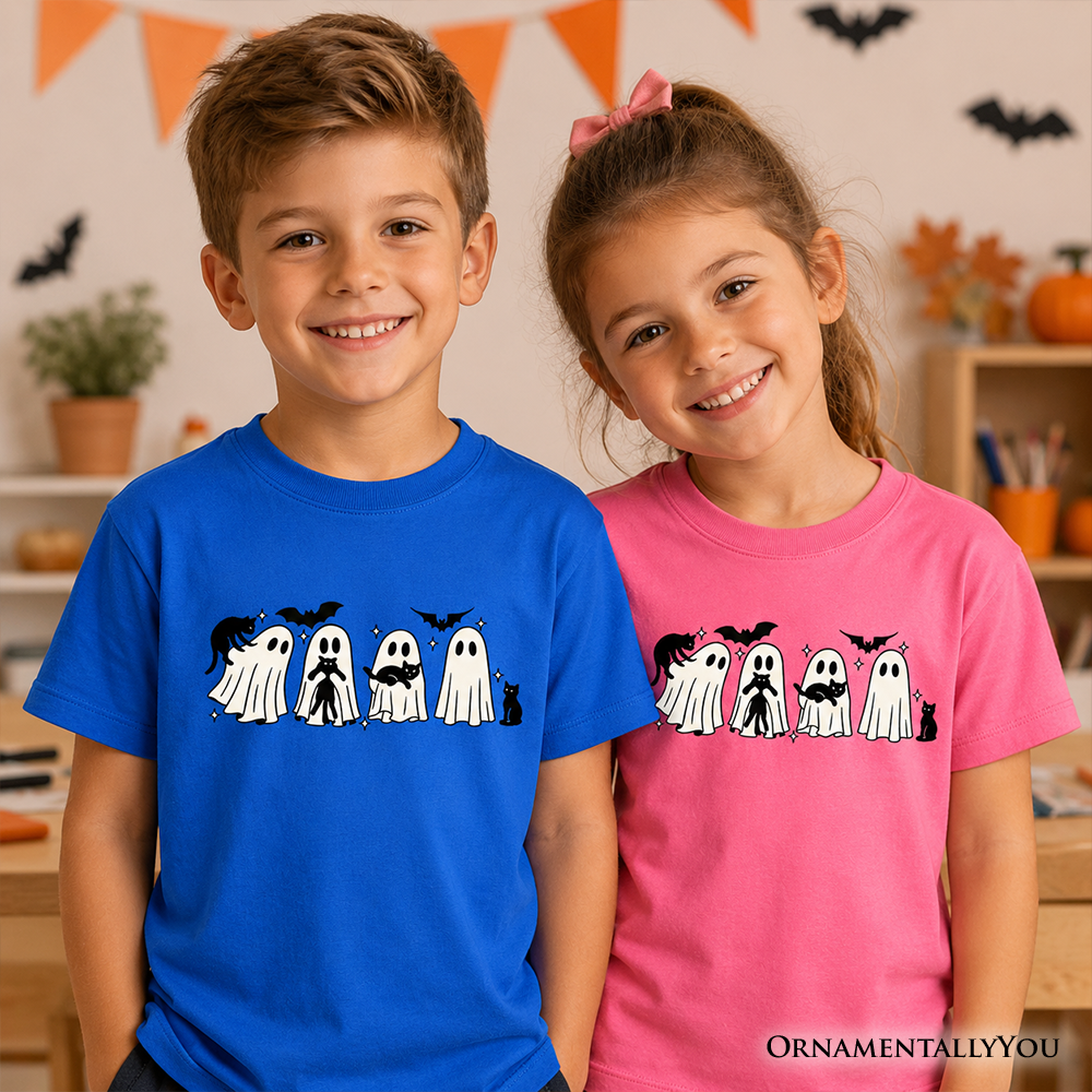 Kids Ghosts and Cats Spooky T-Shirt, Whimsical Halloween Tee for Youth