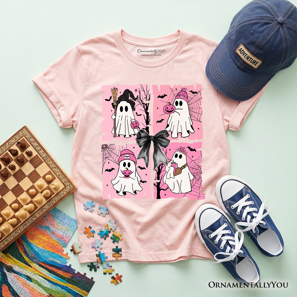 Kids Pink Halloween Ghost T-Shirt, Coquette Spooky Season Tee for Youth