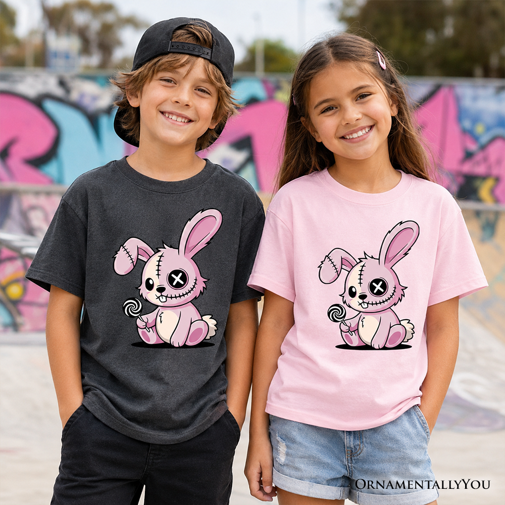 Kids Pink Zombies Bunny Cute T-Shirt, Cute Gothic Youth Halloween Tee