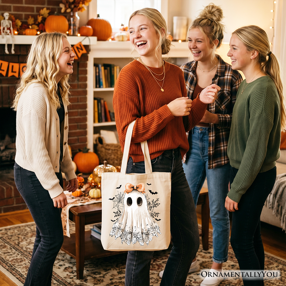 Coquette Ghost Tote Bag, Cute Halloween Gift Shopper for Girly Ghouls