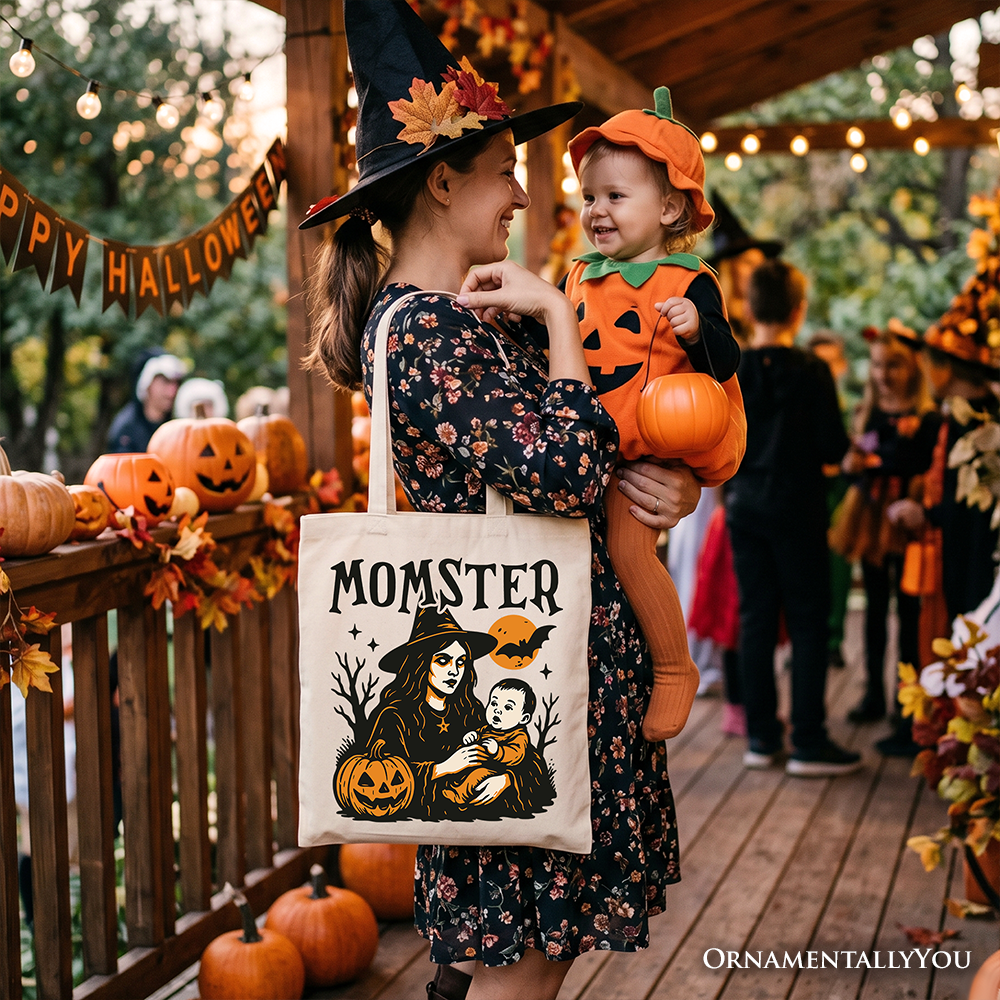 Momster Tote Bag for Spooky Season, Witchy Halloween Gift Shopper for Moms