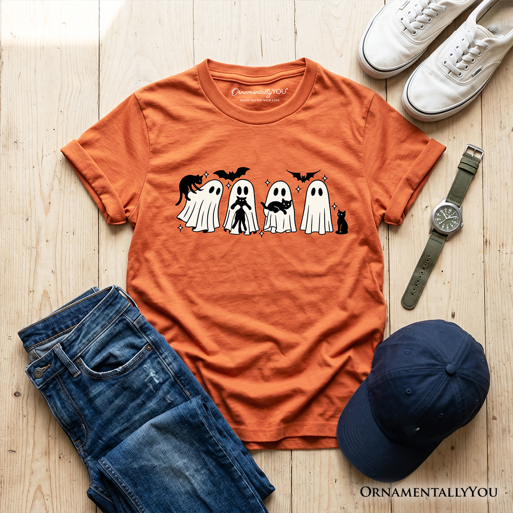 Kids Ghosts and Cats Spooky T-Shirt, Whimsical Halloween Tee for Youth
