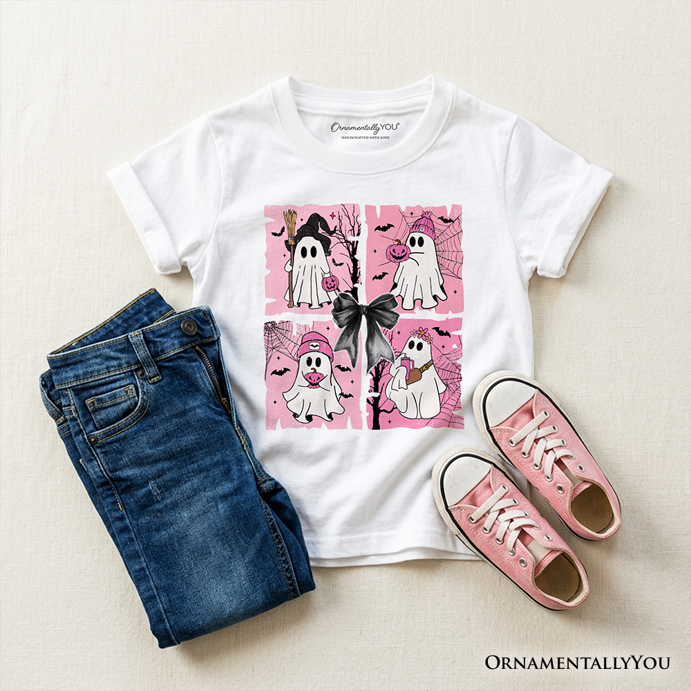 Kids Pink Halloween Ghost T-Shirt, Coquette Spooky Season Tee for Youth