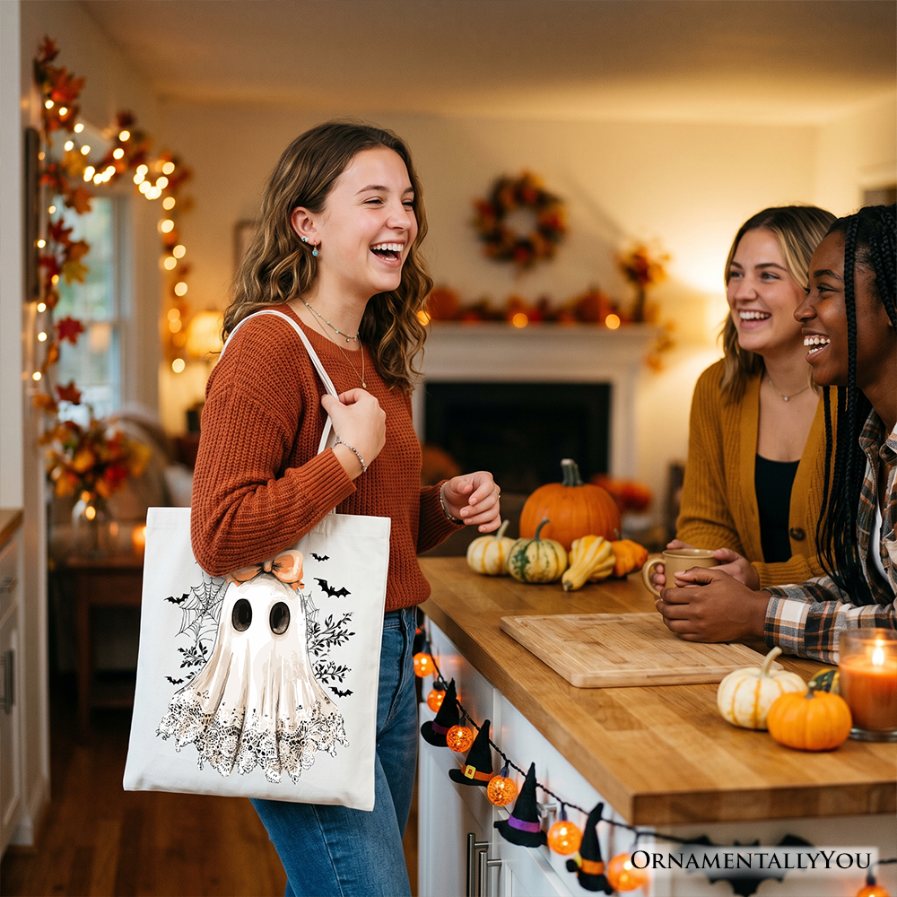 Coquette Ghost Tote Bag, Cute Halloween Gift Shopper for Girly Ghouls