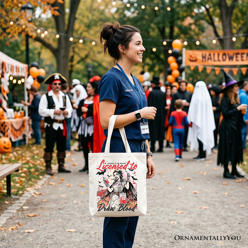 Licensed to Draw Blood Halloween Nurse Tote Bag, Groovy Gift Shopper for Spooky Season