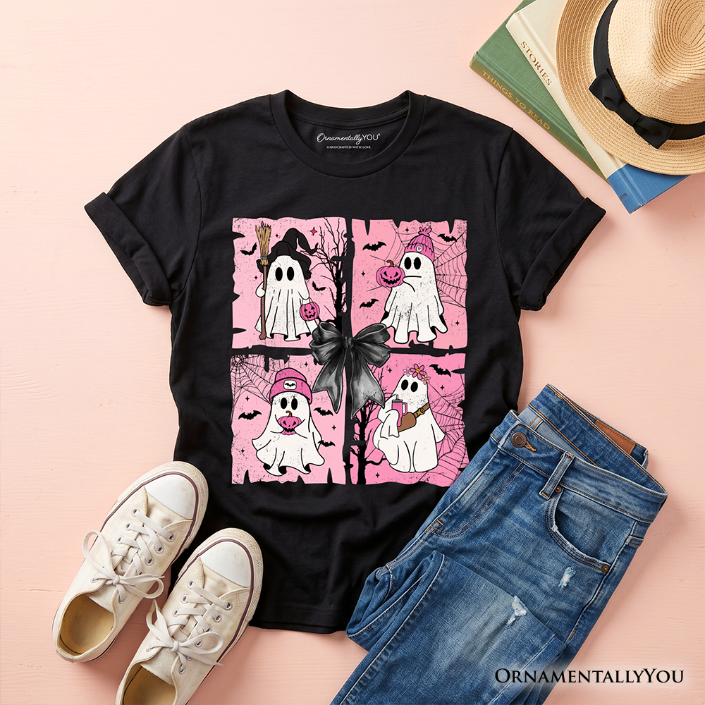 Kids Pink Halloween Ghost T-Shirt, Coquette Spooky Season Tee for Youth