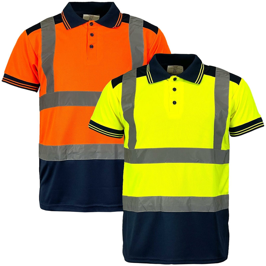 Mens Hi Vis Visibility short sleeved polo shirt in orange and navy with reflective tape and three-button placket