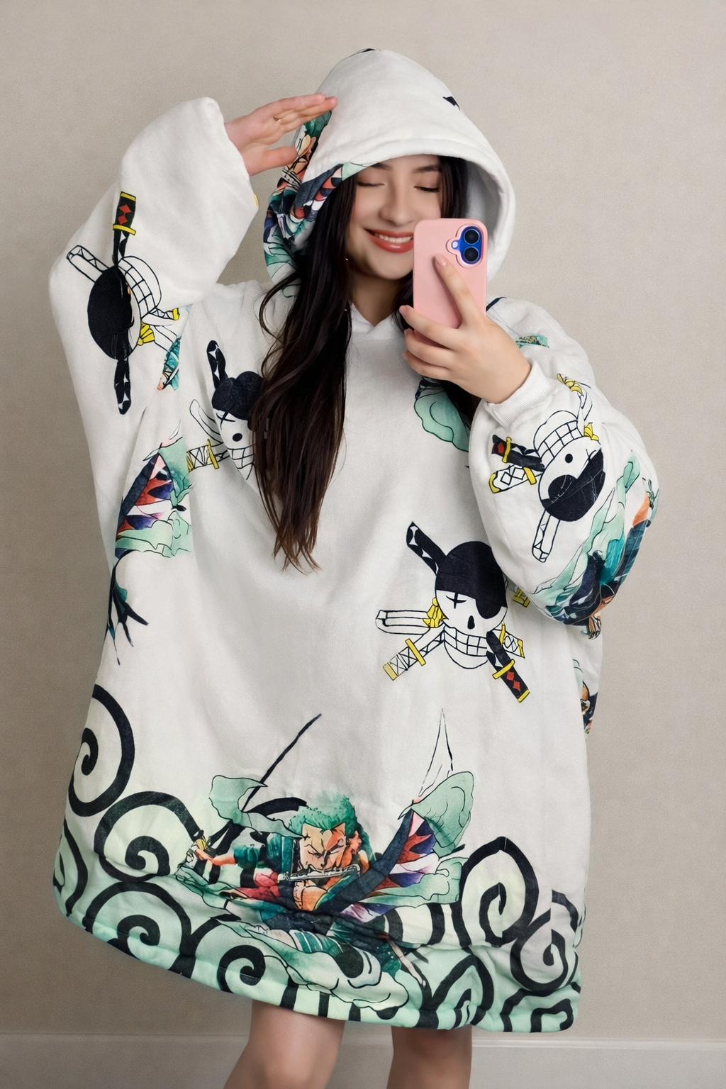 Zoro One Piece wearable Sherpa blanket hoodie for kids and adults in green with anime design