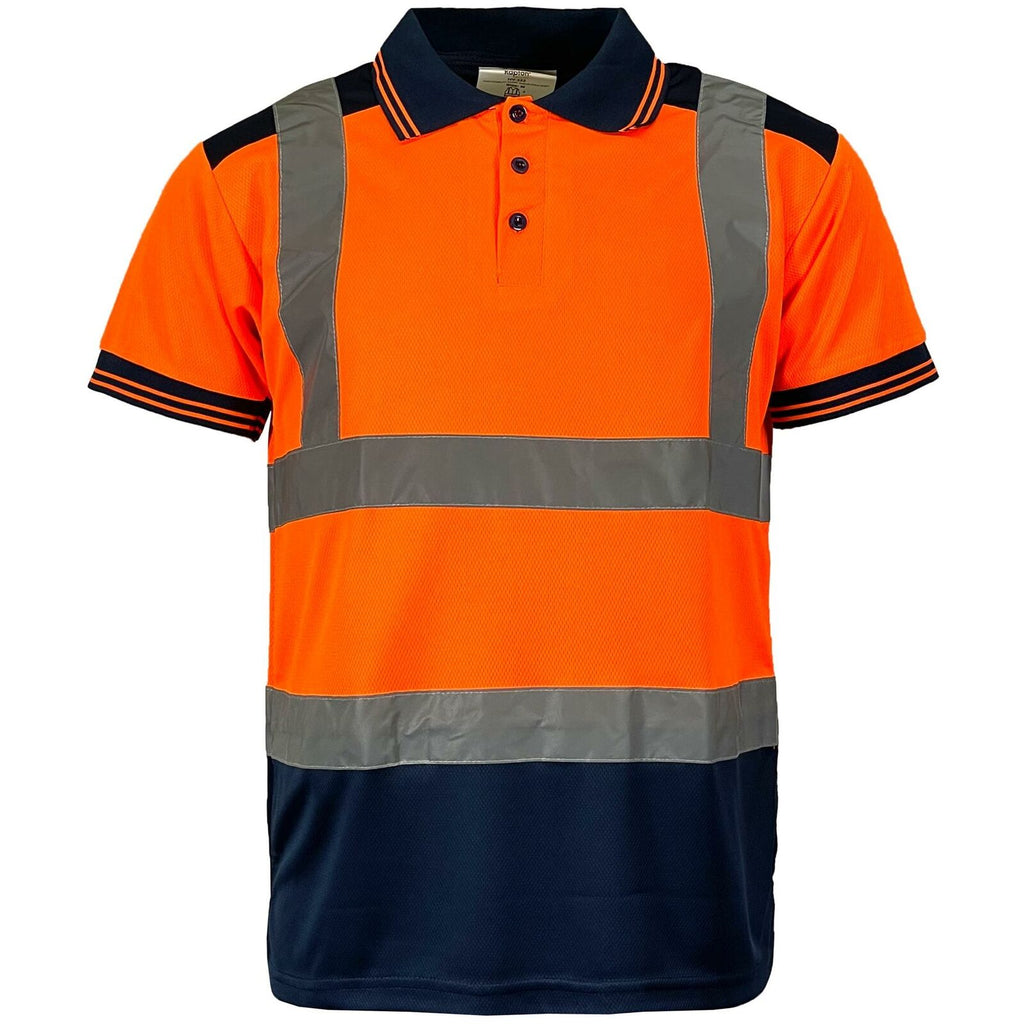 Mens Hi Vis Visibility short sleeved polo shirt in orange and navy with reflective tape and contrast collar compliant with railway standards