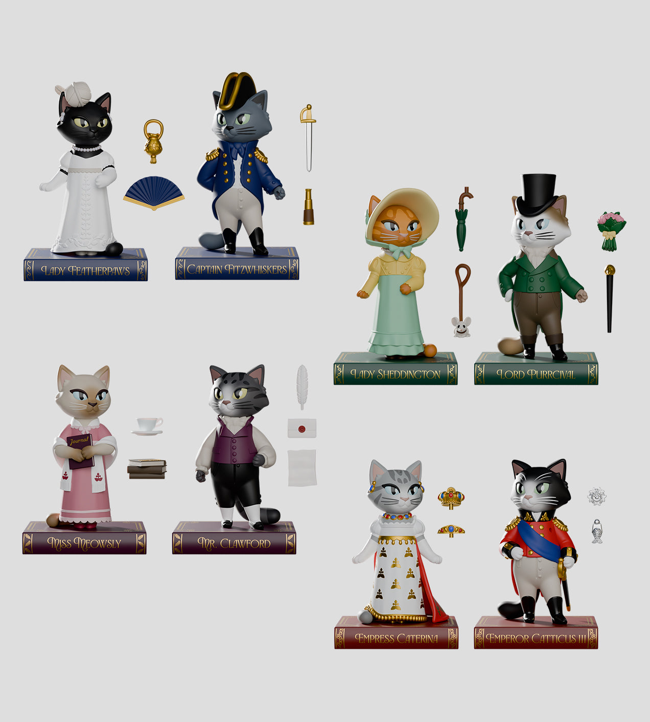 Kaleidos Creative Regency Cats Blind Box collectible feline figurines with Regency era costumes and accessories