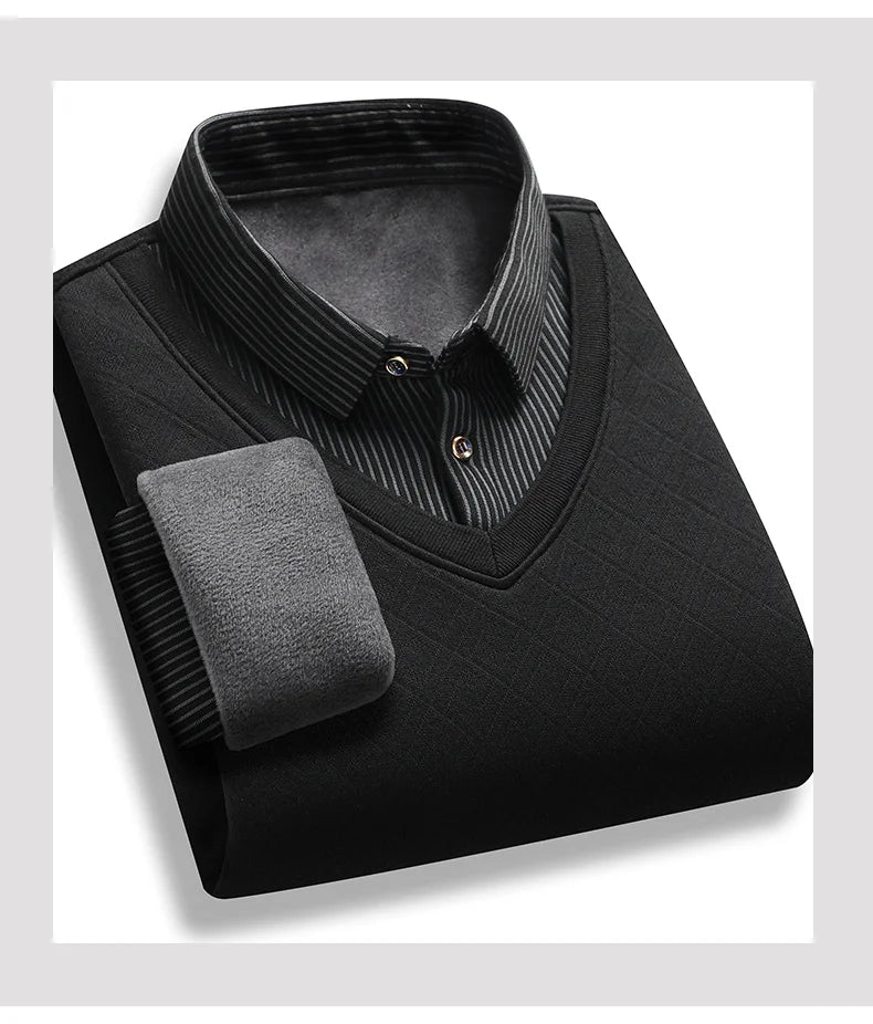 Men's polo neck sweater retro striped fleece pullover