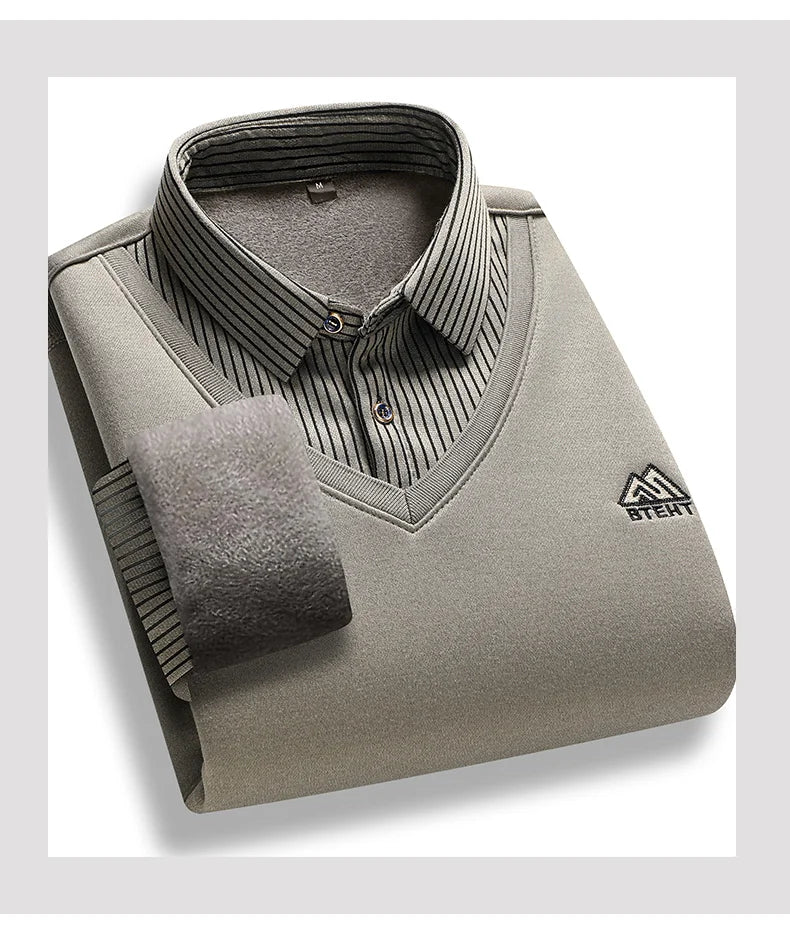 Men's polo neck sweater retro striped fleece pullover