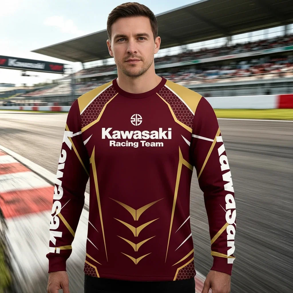 Men’s Kawasaki Motocross Quick-Dry Breathable Long T-Shirt for Summer Cycling and Outdoor Sports