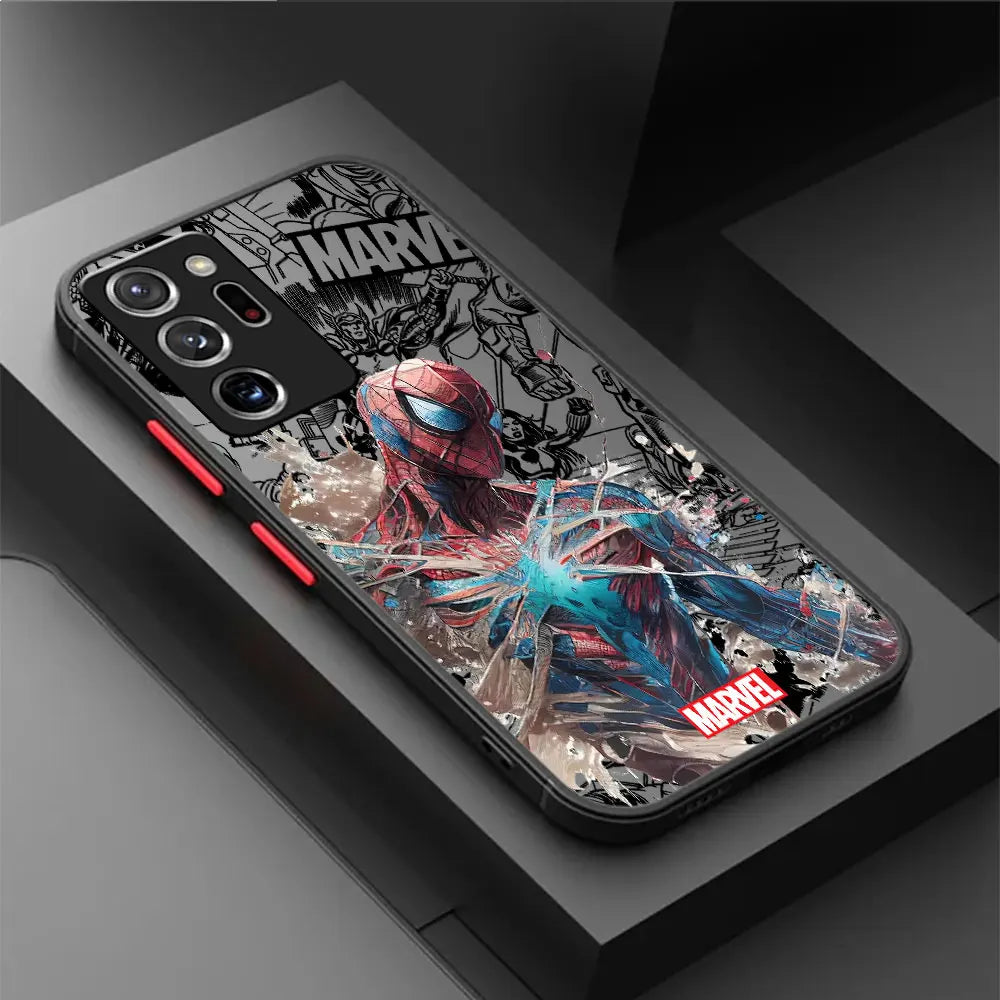 Marvel Samsung Galaxy case featuring Spider-Man design with colorful artwork on a black edge.