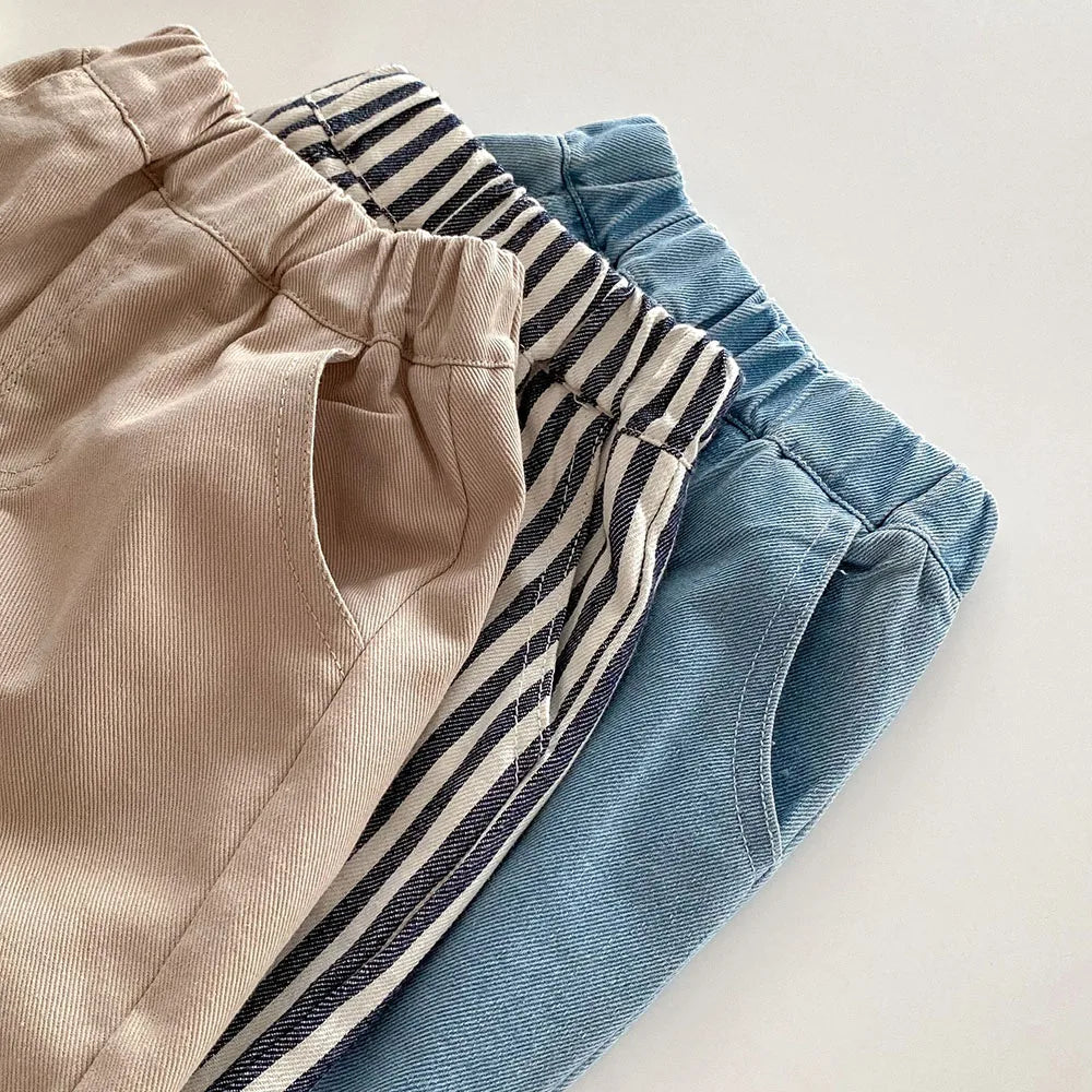 Kids Tapped Casual Striped Pants 0-5T Girls Boys Fashion Stripe Trousers Children Solid Denim Jeans Britches