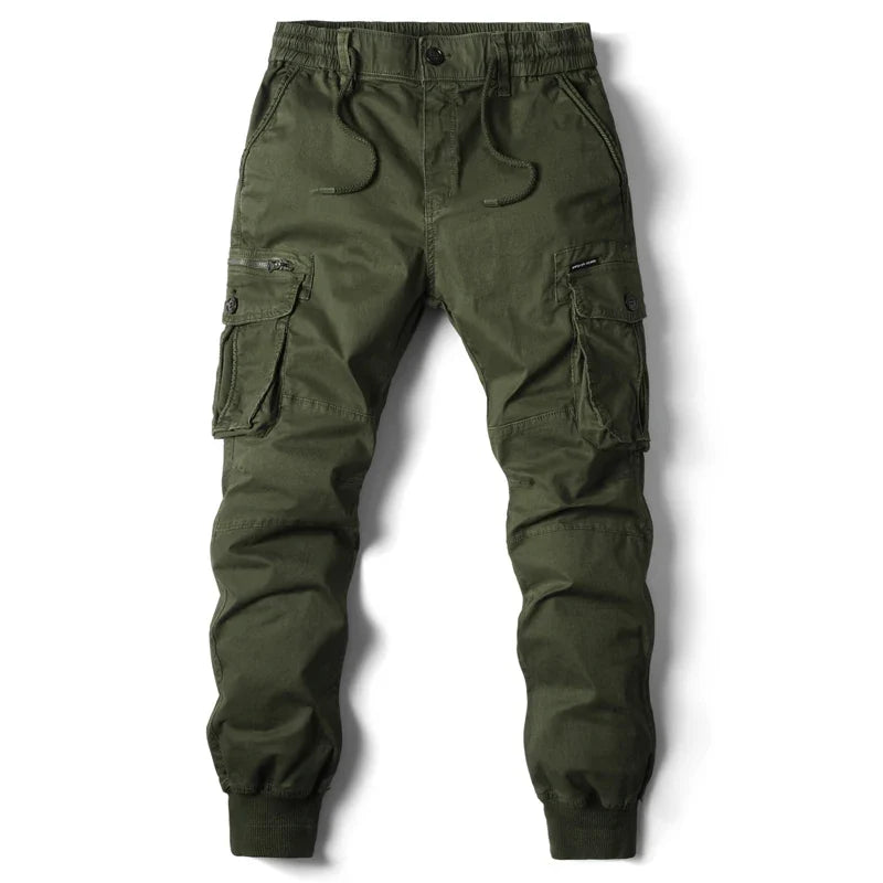 New Cotton Men’s Cargo Pants in Khaki, Black, Army, and Light Gray. Casual Tactical Joggers with Multi-Pockets for Fashion and Work Wear.