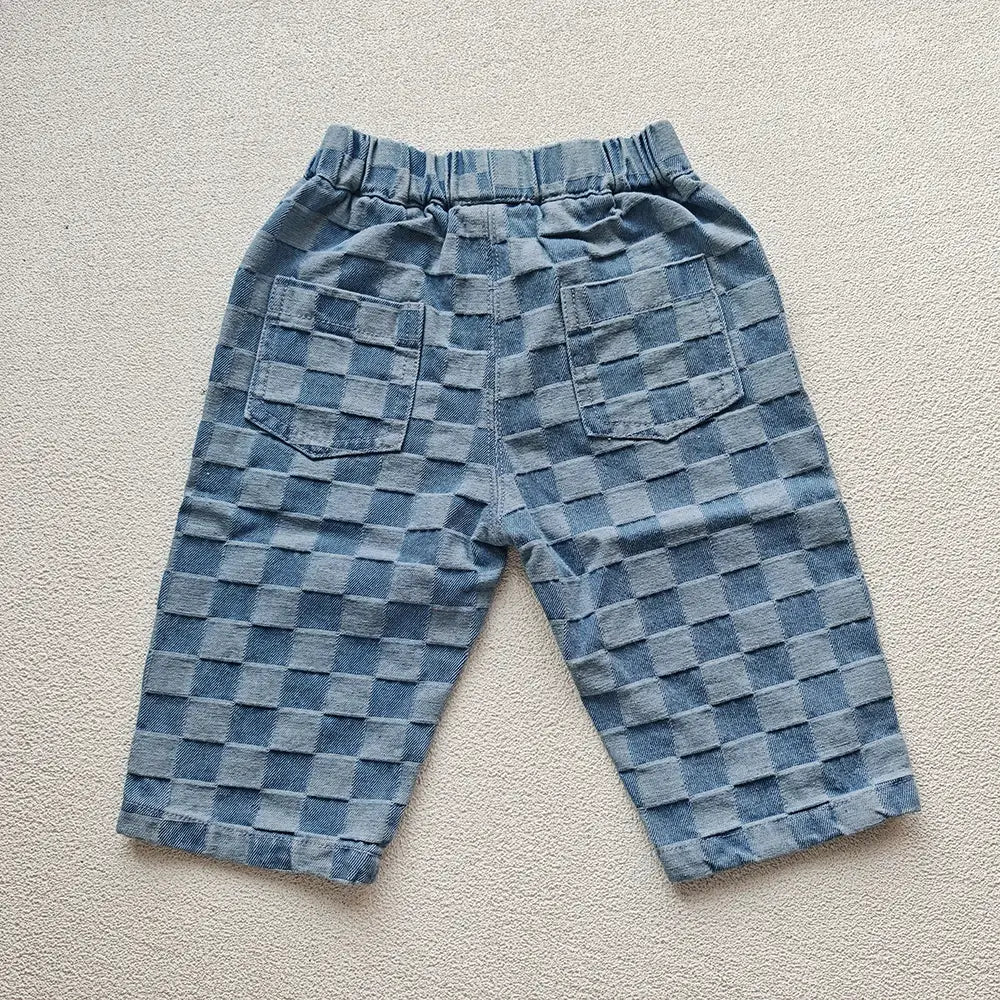 2026 Spring New 1-5Y Children Jeans Boys Denim Pants Mid Waist Girls Trousers Fashion Kids Plaid Pants