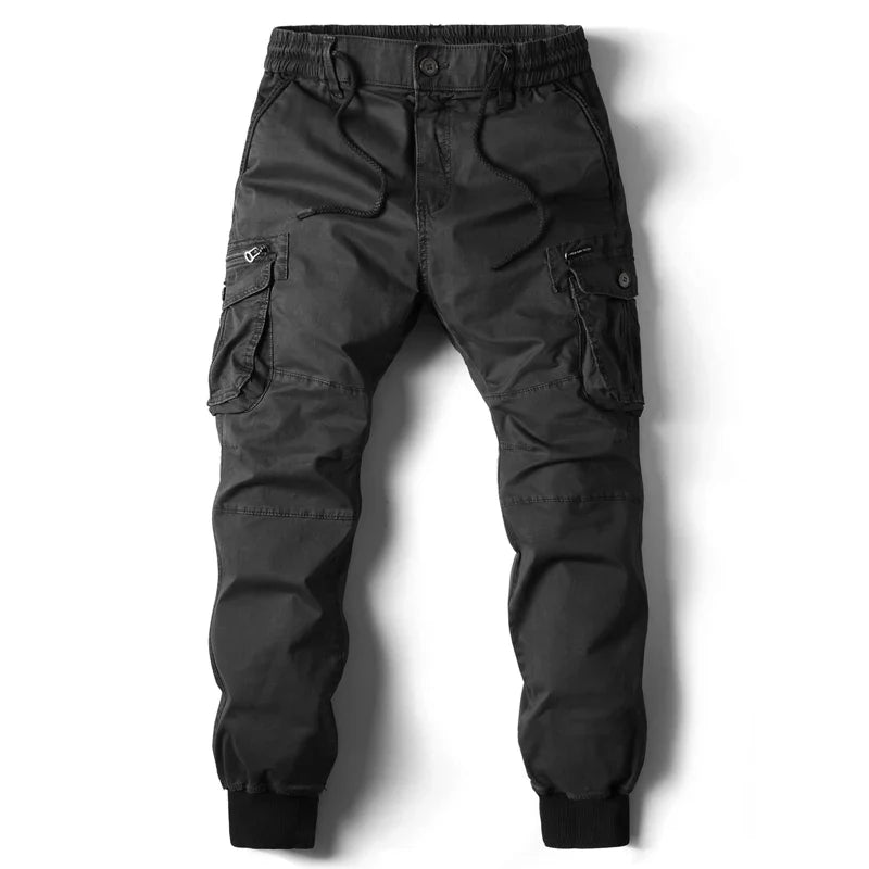 New Cotton Men’s Cargo Pants in Khaki, Black, Army, and Light Gray. Casual Tactical Joggers with Multi-Pockets for Fashion and Work Wear.