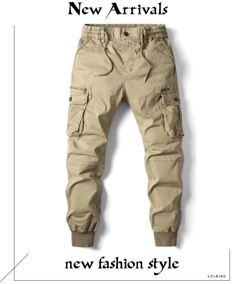 New Cotton Men’s Cargo Pants in Khaki, Black, Army, and Light Gray. Casual Tactical Joggers with Multi-Pockets for Fashion and Work Wear.