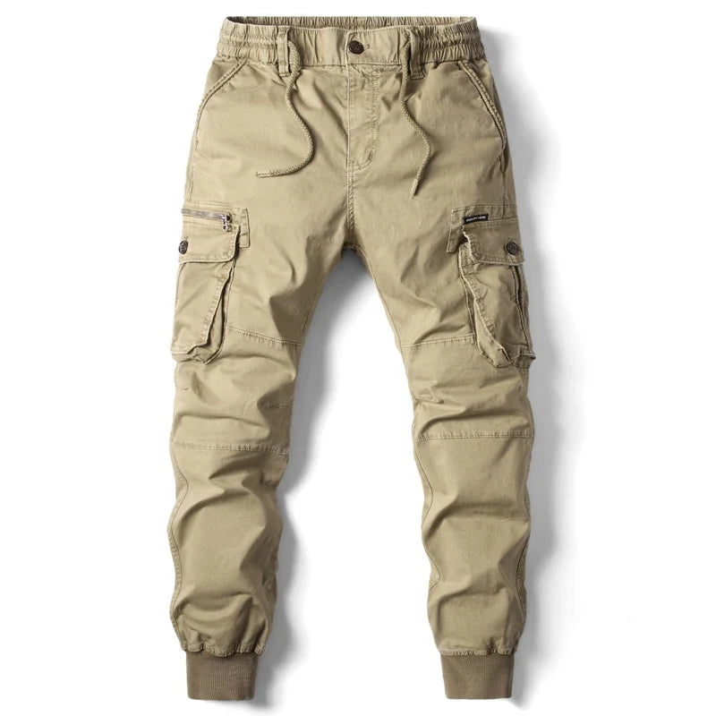 New Cotton Men’s Cargo Pants in Khaki, Black, Army, and Light Gray. Casual Tactical Joggers with Multi-Pockets for Fashion and Work Wear.