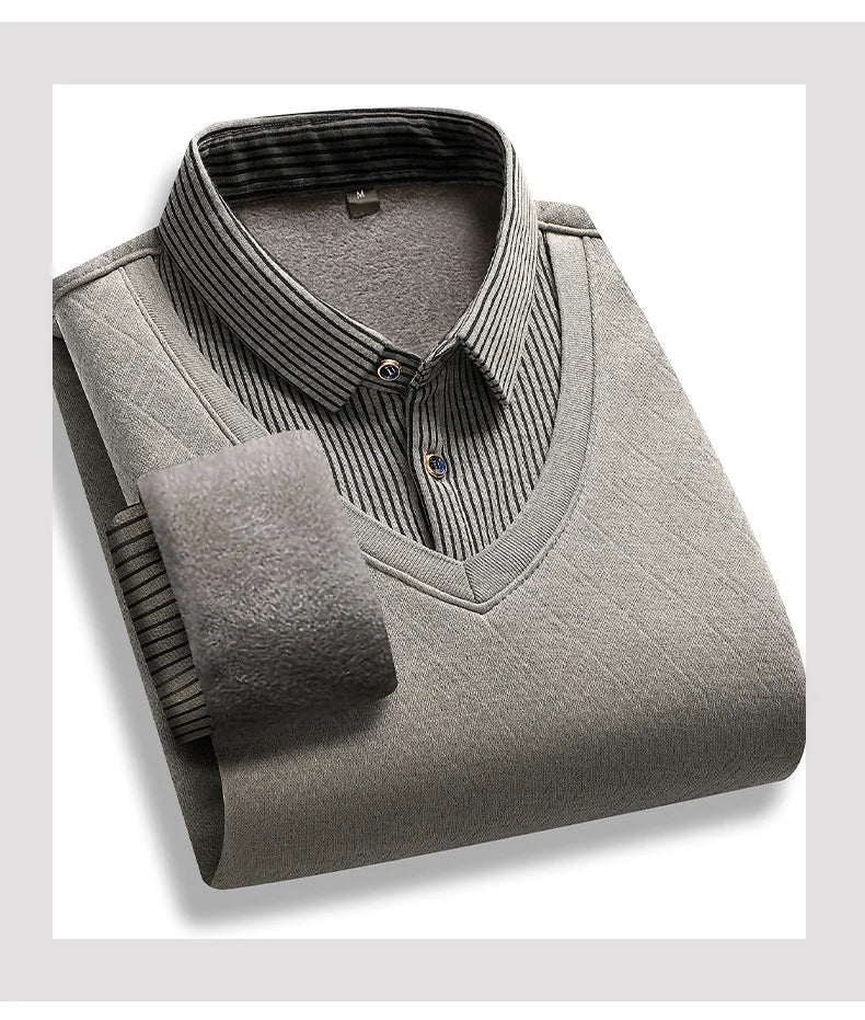 Men's polo neck sweater retro striped fleece pullover