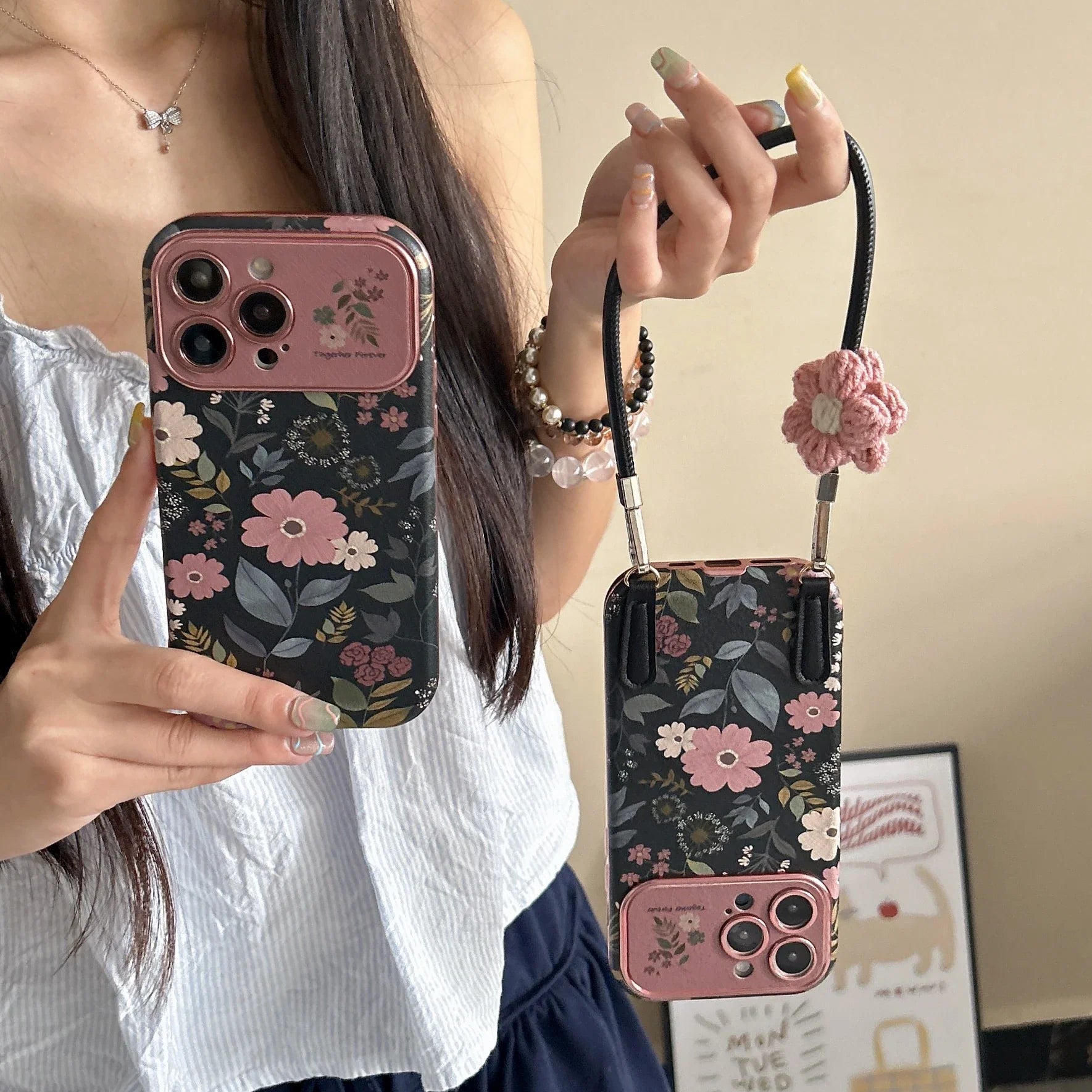 Camellia iPhone case with Korean aesthetic design and lanyard