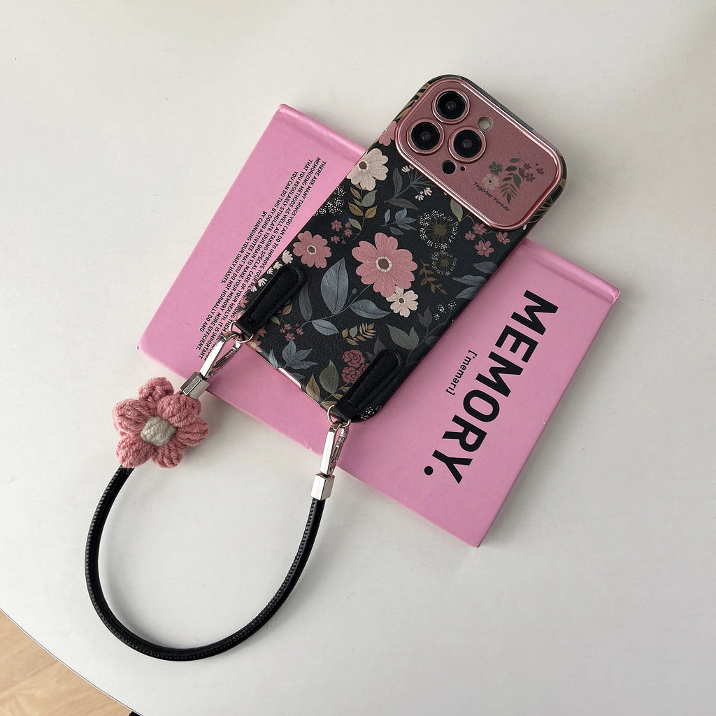 Camellia iPhone case with Korean aesthetic design and lanyard
